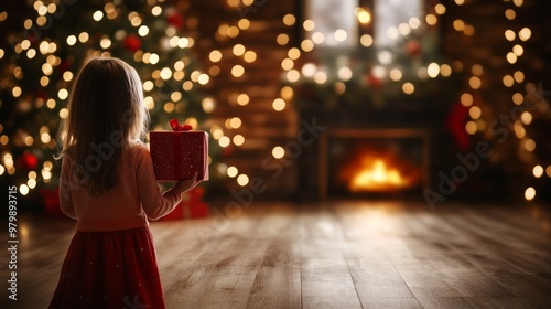 Young girl holds a christmas gift in a warm living room with a fireplace and a decorated christmas tree, savoring the festive christmas eve ambiance