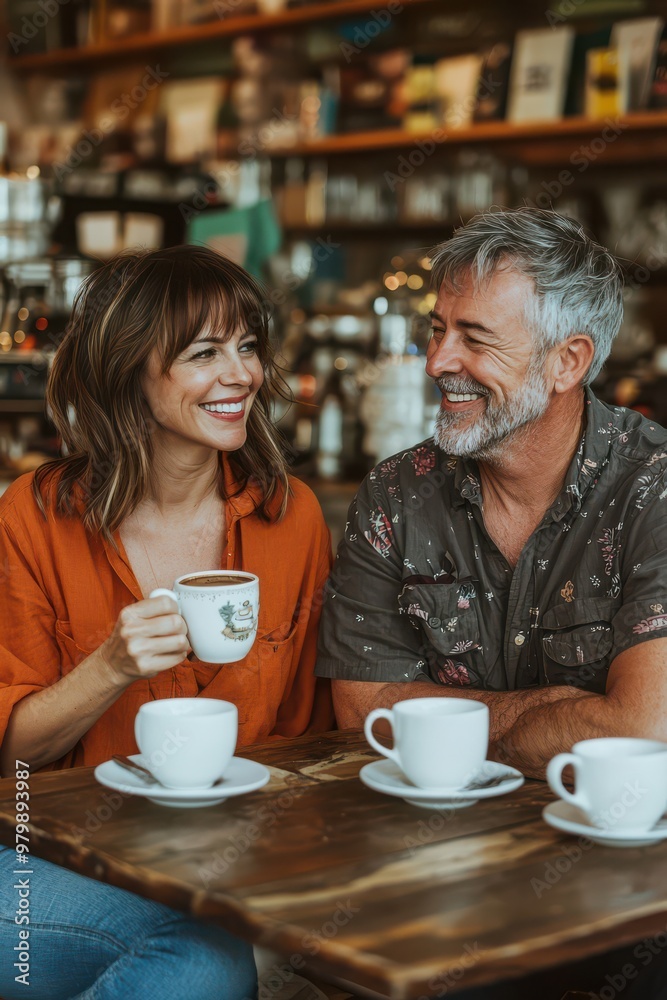 Happy middle-aged couple enjoying a coffee together in a cozy cafe, showcasing love, happiness, and warmth in their relationship. Happy middle-aged couple enjoying a coffee together in a cozy cafe, showcasing love, happiness, and warmth in their relationship.