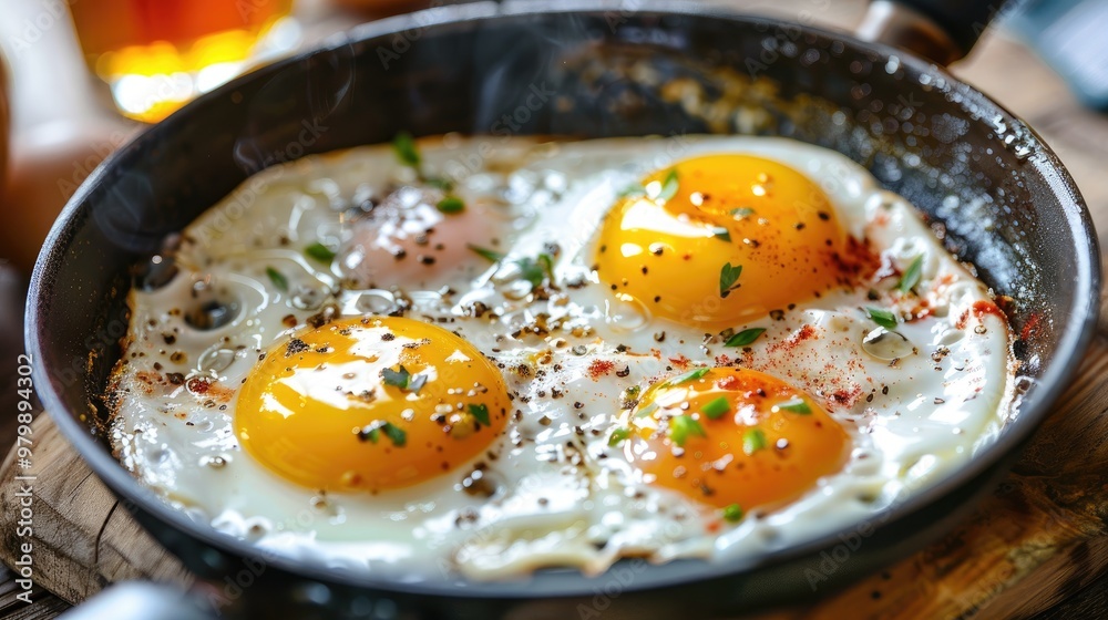 Fried eggs cooking in pan with glass of beer nearby Fried eggs cooking in pan with glass of beer nearby