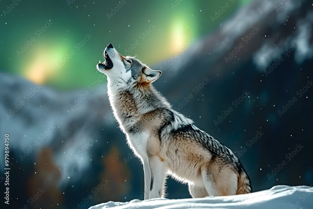 A wolf howling at the northern lights, representing the wild spirit and the power of nature.