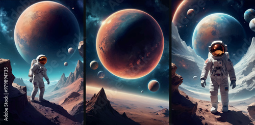 A set of illustrations of the concept of space exploration: a man in a spacesuit steps on a planet and distant planets in outer space Sci-fi