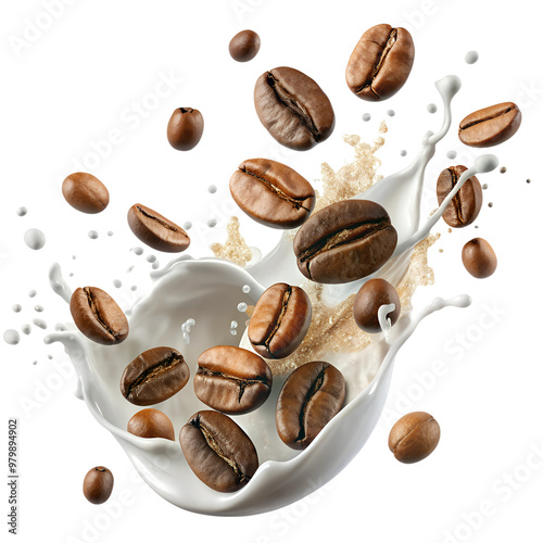 Dynamic splash of milk with flying coffee beans, creating an energetic coffee moment perfect for beverage designs. photo