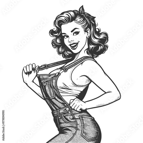Playful smiling beautiful young woman in denim overalls unbuttoning one strap with a flirty smile sketch engraving generative ai vector illustration. Scratch board imitation. Black and white image.
