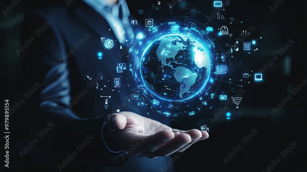 Businessman holding a virtual, glowing Earth with global network and social media icons