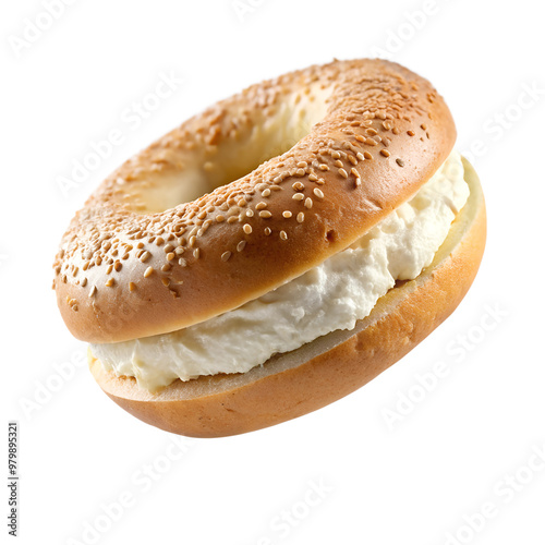 A delicious bagel filled with creamy cheese, perfect for breakfast or a snack. Freshly baked and ready to enjoy. photo