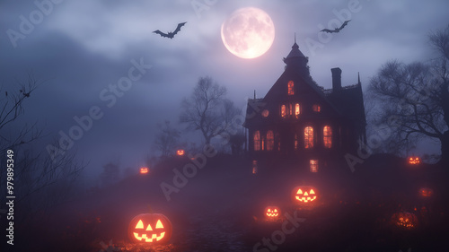 Haunted House on a Hill illustration of a spooky, decrepit house on a foggy hill with glowing pumpkins, bats flying in the sky and eerie full moon light casting shadows on the dead tree