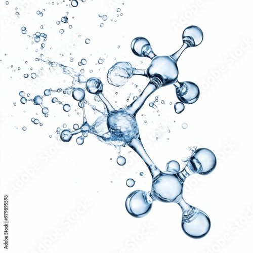 Molecular composition featuring amino acid and water molecular structures on white background. High quality, detailed image representing hydration and moisturizing effects