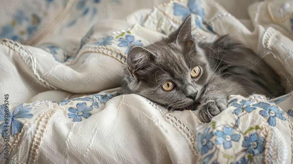 Gray Kitty Resting on White Throw with Blue Floral Stitching Gray Kitty Resting on White Throw with Blue Floral Stitching