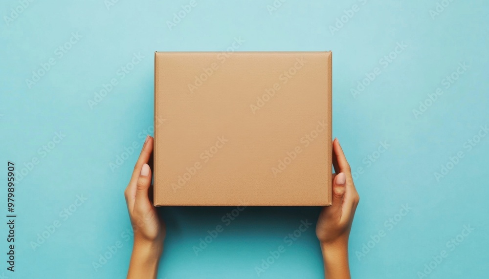 Female hands holding brown ecological package box made of natural corrugated cardboard. Mockup parcel box on light blue background. Top view. Packaging, shopping, delivery concept Female hands holding brown ecological package box made of natural corrugated cardboard. Mockup parcel box on light blue background. Top view. Packaging, shopping, delivery concept