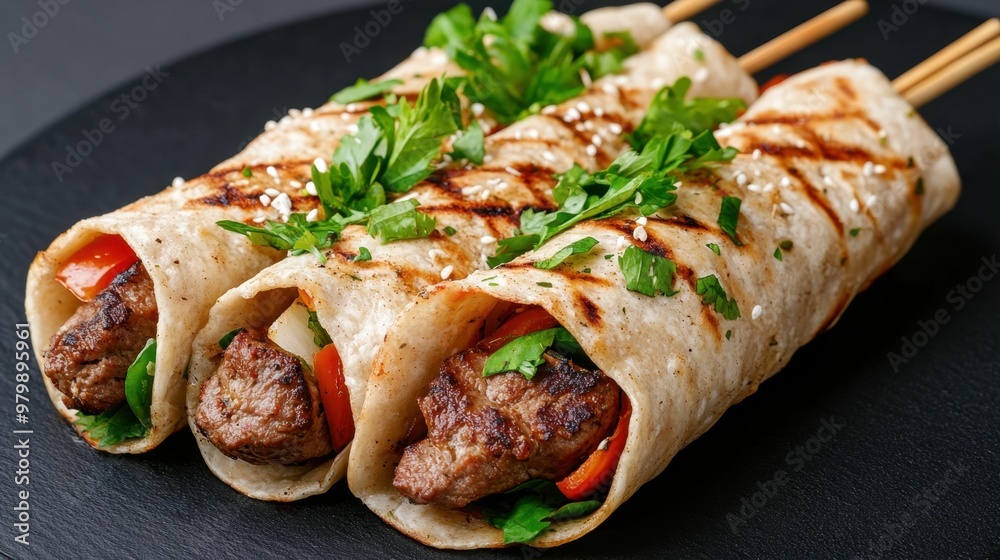 delicious photo of turkish doner kebab with mouthwatering meat and vegetables delicious photo of turkish doner kebab with mouthwatering meat and vegetables