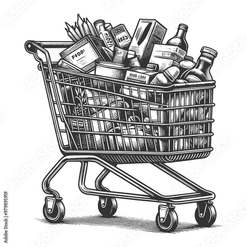 fully loaded shopping cart filled with groceries, including fruits, beverages, and packaged goods sketch engraving generative ai vector illustration. Scratch board imitation. Black and white image.