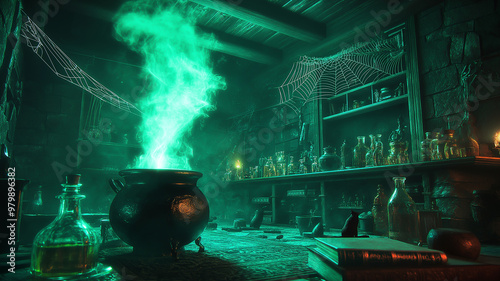 Witch’s Potion Room of a detailed witch’s lair filled with glowing potions, spell books and a bubbling cauldron emitting green smoke. Spiderwebs hang from the ceiling, and a black cat