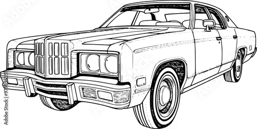 Abstract retro sports car in black and white ink drawing style, adult coloring book