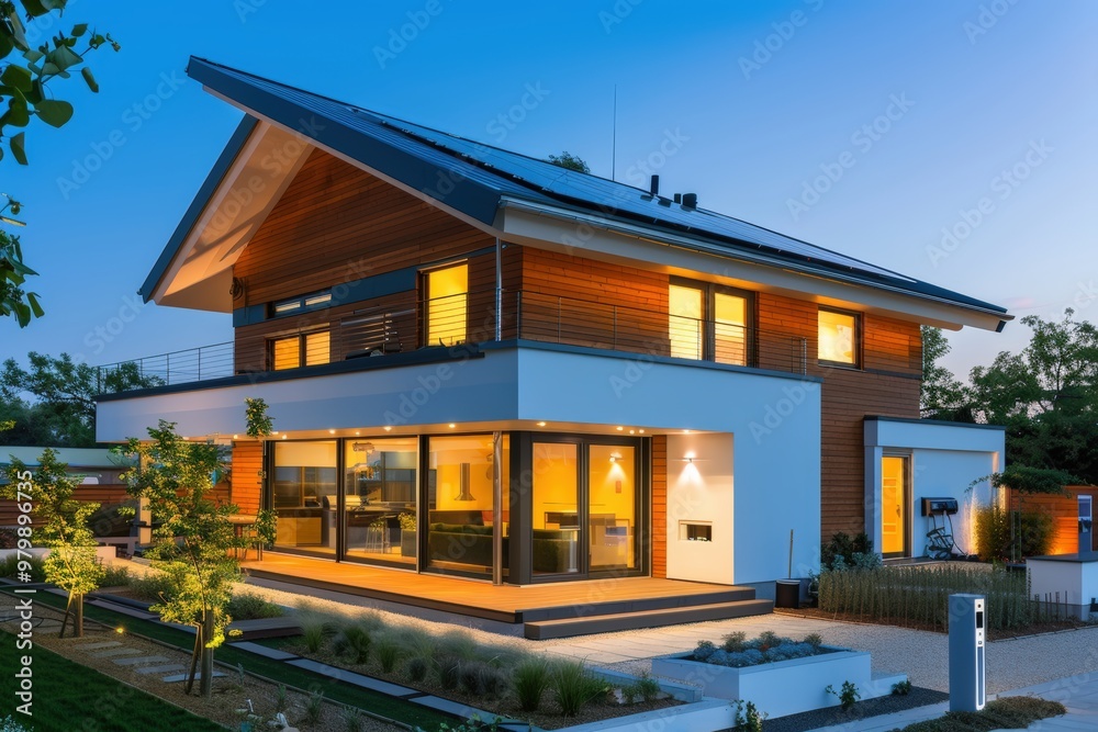 Modern Eco-Friendly Home with Smart Lighting, Solar Panels, and Electric Vehicle Charging Station at Sunset Modern Eco-Friendly Home with Smart Lighting, Solar Panels, and Electric Vehicle Charging Station at Sunset