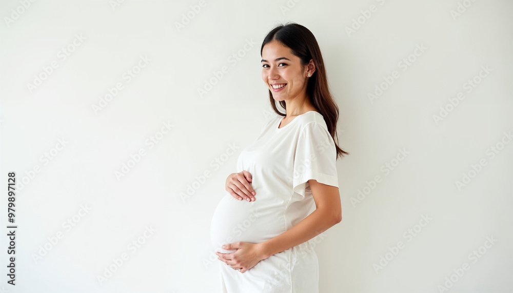 Young pregnant woman in a simple white outfit, smiling warmly and cradling her belly, against a plain white background.
Young pregnant woman in a simple white outfit, smiling warmly and cradling her belly, against a plain white background.