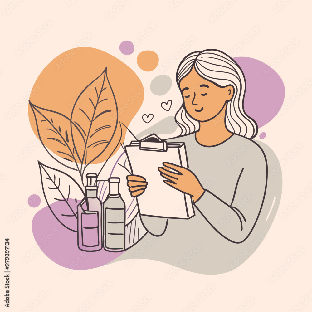 Drawing of a woman character with checklist, marking the tasks Drawing of a woman character with checklist, marking the tasks