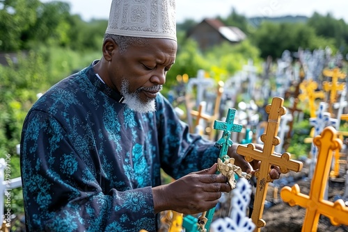 A solitary priest blessing the crosses, offering prayers for those who placed them as an act of devotion photo