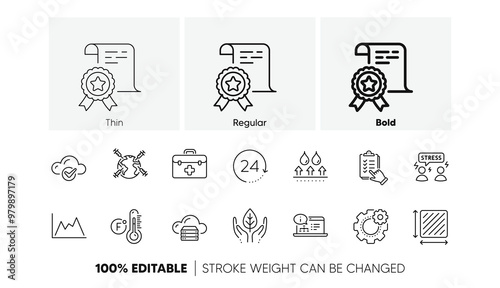 Waterproof, Certificate and Cogwheel line icons. Pack of Square area, Cloud computing, Fair trade icon. Diagram, Cloud server, Fahrenheit thermometer pictogram. Difficult stress. Line icons. Vector