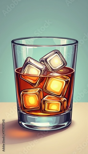 A close-up of a glass filled with whiskey and ice cubes, perfect for beverage advertisements, bar promotions, or lifestyle content.