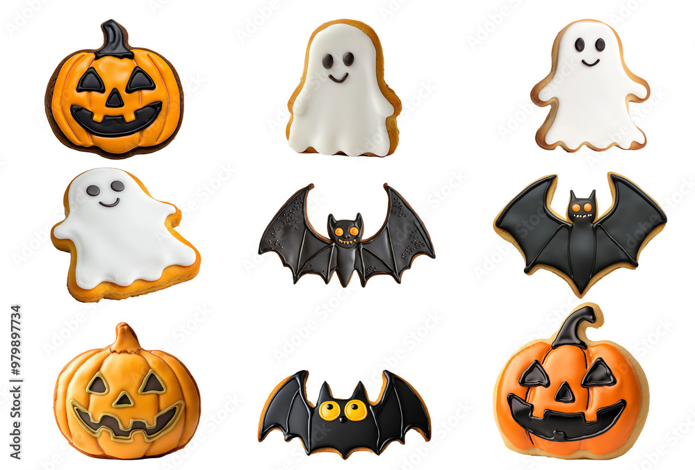 Delicious set of Halloween candy cookies decorated with ghost, bat, vampire, and pumpkin with jack-o’-lantern face collection, Isolated on Transparent Background, PNG Delicious set of Halloween candy cookies decorated with ghost, bat, vampire, and pumpkin with jack-o’-lantern face collection, Isolated on Transparent Background, PNG