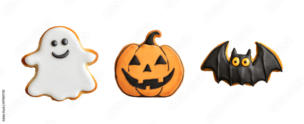 Set of delicious Halloween candy cookies decorated with ghost, bat, vampire, and pumpkin with jack-o’-lantern face collection, Isolated on Transparent Background, PNG