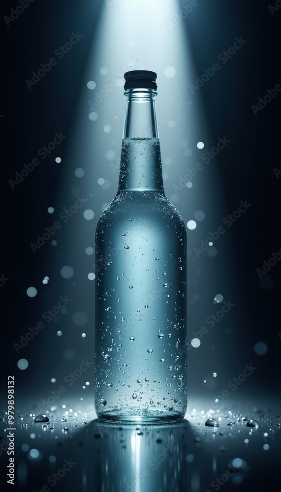 A stunning glass water bottle illuminated by dramatic lighting, showcasing droplets and an elegant design, perfect for beverage branding and advertising materials. A stunning glass water bottle illuminated by dramatic lighting, showcasing droplets and an elegant design, perfect for beverage branding and advertising materials.