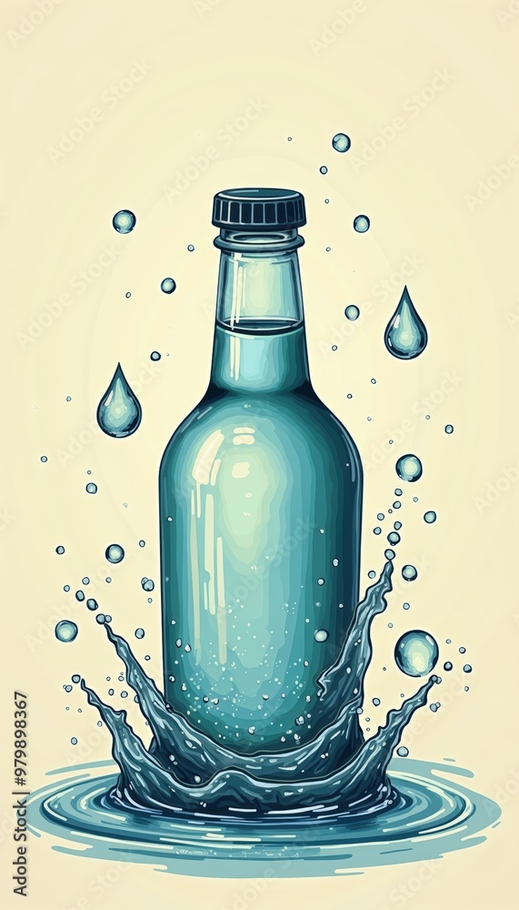 A refreshing glass bottle splashes into water, capturing the essence of hydration and vitality. Perfect for beverage marketing and wellness themes.