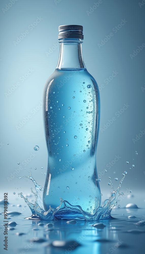 A refreshing bottle of water splashing against a soft blue background, perfect for showcasing hydration, wellness, and bottled beverage branding. A refreshing bottle of water splashing against a soft blue background, perfect for showcasing hydration, wellness, and bottled beverage branding.