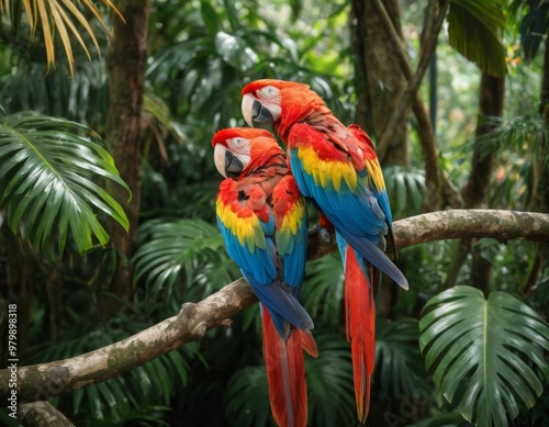 Two Scarlet Macaws Perched Together photo