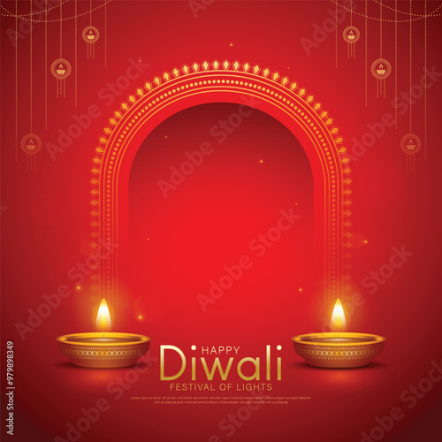 Happy Diwali - festival of lights colorful poster template design with decorative diya lamp.