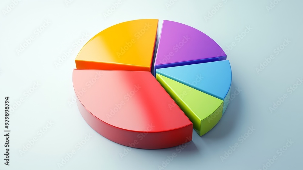 An overhead view of a 3D pie chart with clearly defined slices and vibrant colors, set on a clean, bright background to emphasize the chart's detail and depth. An overhead view of a 3D pie chart with clearly defined slices and vibrant colors, set on a clean, bright background to emphasize the chart's detail and depth.