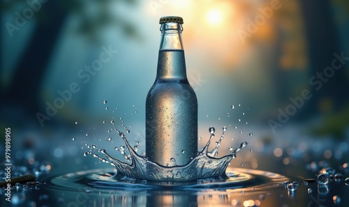A refreshing glass bottle splashes into water, capturing the essence of nature and hydration. Perfect for beverage advertising and eco-friendly campaigns.