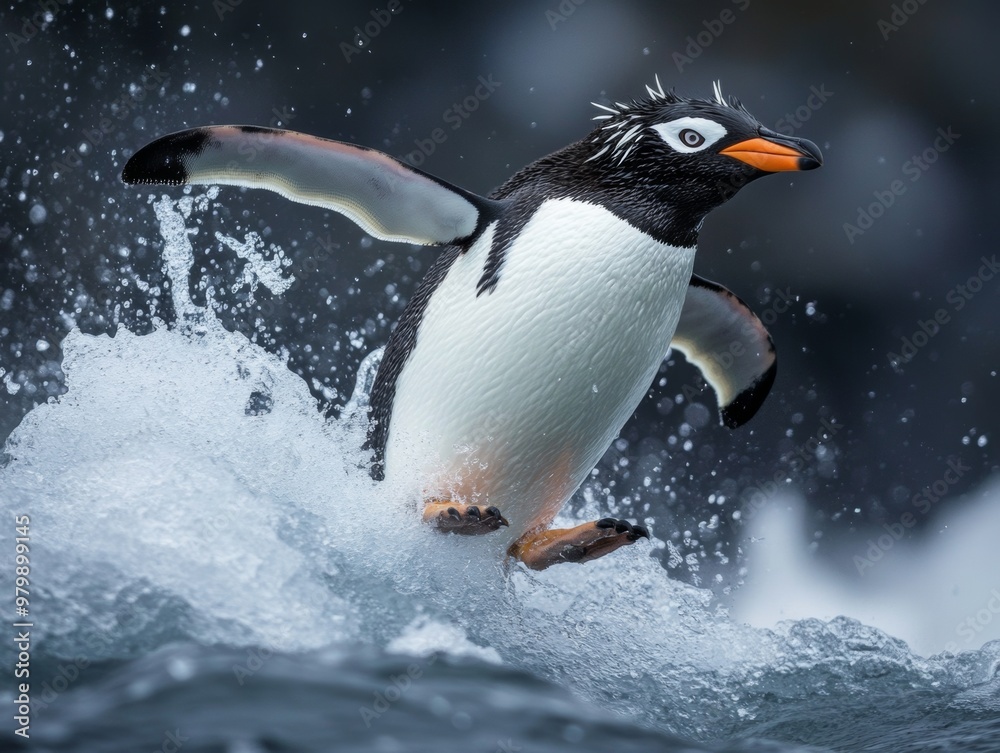 Fototapeta premium Graceful Penguin Jumping Out of Icy Antarctic Waters With Splash