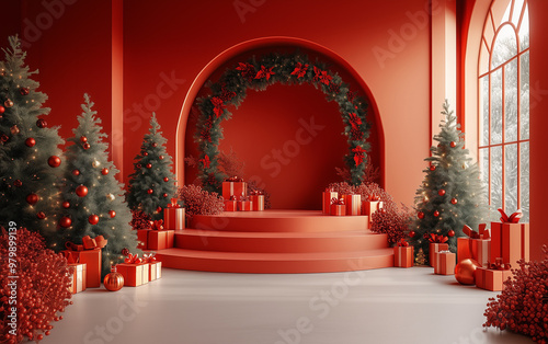 A podium decorated for Christmas, designed for product display