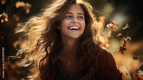 Happy woman among autumn leaves