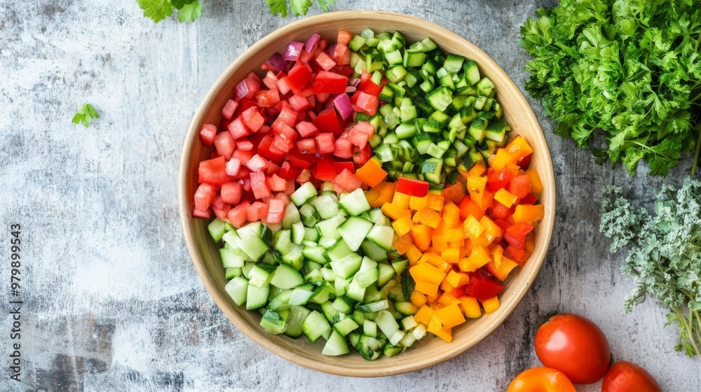 An overhead view of a bowl of diced mixed with other fresh vegetables, ready to be incorporated into a delicious meal, set on a bright kitchen surface. An overhead view of a bowl of diced mixed with other fresh vegetables, ready to be incorporated into a delicious meal, set on a bright kitchen surface.