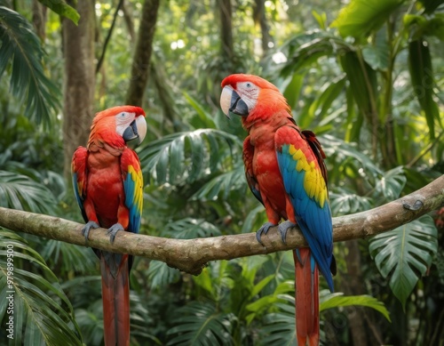 Two Macaws Resting in a Tropical Forest