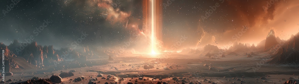 Obraz premium Mysterious and dynamic sci-fi landscape with a beam of light piercing the sky. Alien terrain under a dramatic sky creates a sense of awe and wonder.