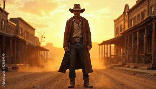 Rugged Wild West gunslinger in a dusty frontier town, with sunset casting a dramatic glow and a tense, cinematic atmosphere.






 photo