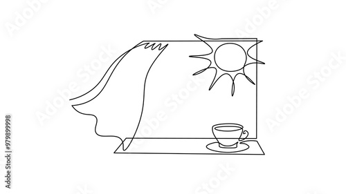 One line continuous holiday morning window view concept. Silhouette travel hotel dream voyage sea scenery from house. Digital white coffee cup breakfast sunrise line sketch drawing vector illustration