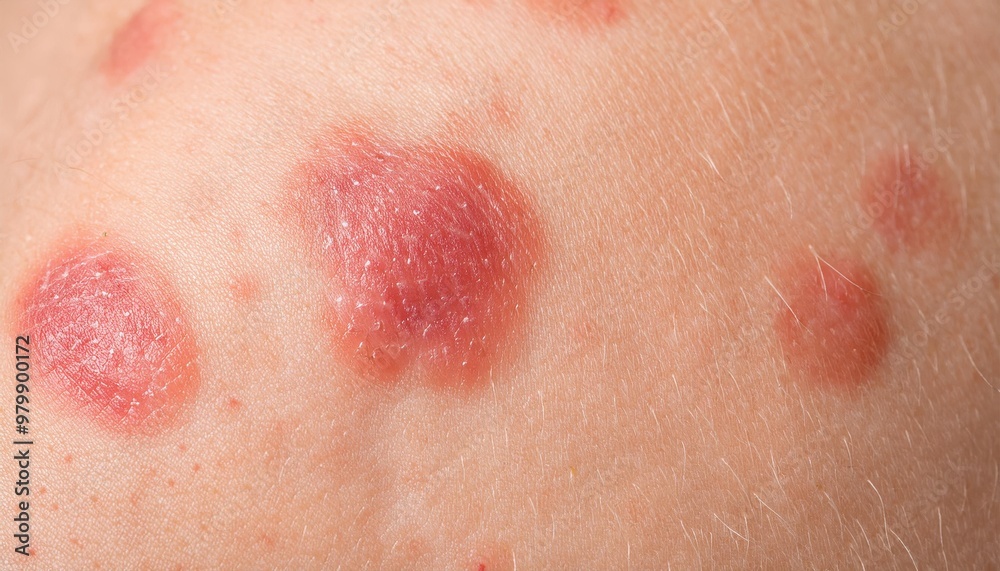 Fototapeta premium Close-up of Inflamed Red Plaques on Skin. Dermatological Symptoms of Psoriasis or Eczema Showcasing Red, Raised, Scaly Patches on Light Skin, Depicting a Severe Skin Condition. Allergic Reaction