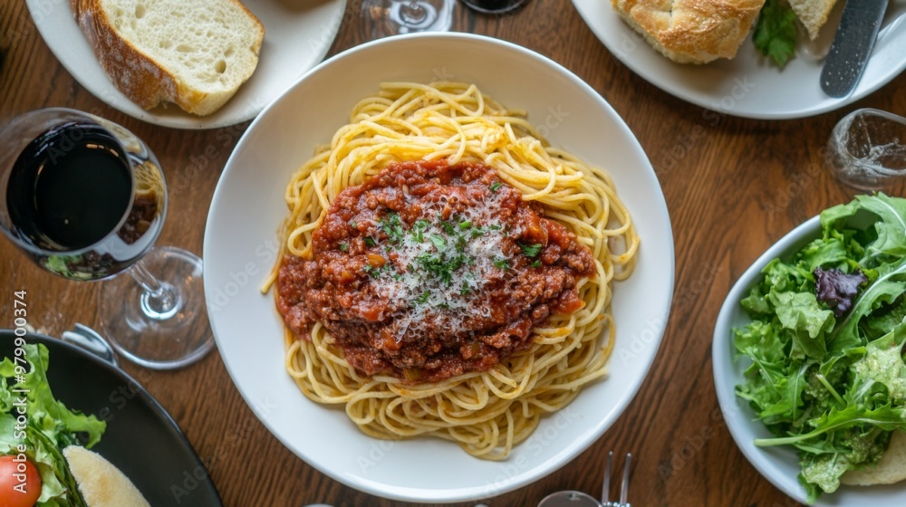 An overhead view of a casual Italian meal featuring a large serving of spaghetti with a classic meat sauce, accompanied by a side of green salad and crusty bread. An overhead view of a casual Italian meal featuring a large serving of spaghetti with a classic meat sauce, accompanied by a side of green salad and crusty bread.