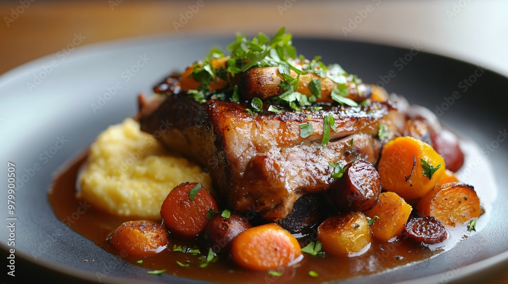 A hearty dish of braised pork shoulder, accompanied by roasted root vegetables and a side of herbed polenta, garnished with fresh parsley on a round plat