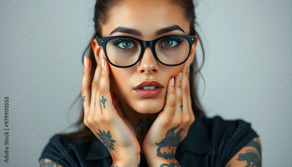Stylish Young Woman with Tattoos and Glasses Stylish Young Woman with Tattoos and Glasses