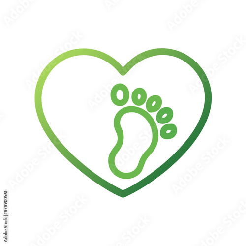 Green heart icon with a footprint symbolizing love for nature and eco-friendliness