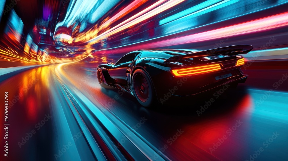 Black Sports Car Speeding Through Neon City Black Sports Car Speeding Through Neon City