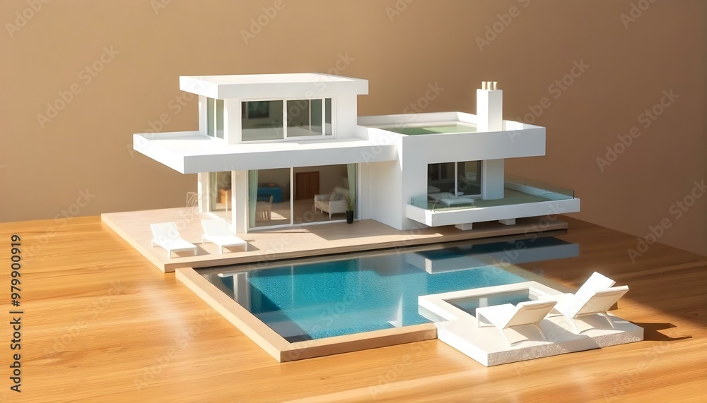 Sleek white miniature villa with modern design and a stylish pool, showcased on a wooden table with subtle lighting and soft shadows.
Sleek white miniature villa with modern design and a stylish pool, showcased on a wooden table with subtle lighting and soft shadows.