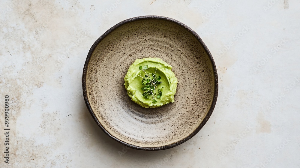 A minimalist plate featuring a small portion of mashed avocado, with a sprinkle of microgreens, on a matte ceramic plate on a neutral background A minimalist plate featuring a small portion of mashed avocado, with a sprinkle of microgreens, on a matte ceramic plate on a neutral background