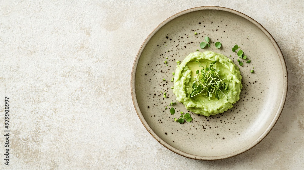 A minimalist plate featuring a small portion of mashed avocado, with a sprinkle of microgreens, on a matte ceramic plate on a neutral background A minimalist plate featuring a small portion of mashed avocado, with a sprinkle of microgreens, on a matte ceramic plate on a neutral background