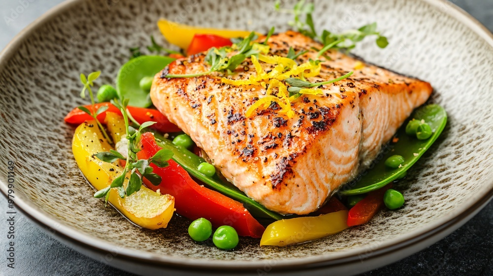 A perfectly seared salmon fillet topped with lemon zest, paired with a colorful medley of sautéed bell peppers and snap peas, served on a textured ceramic plate A perfectly seared salmon fillet topped with lemon zest, paired with a colorful medley of sautéed bell peppers and snap peas, served on a textured ceramic plate